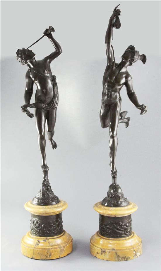 After Giambologna. A pair of good mid 19th century French bronze figures of Mercury and Fortuna, height 32.5in.